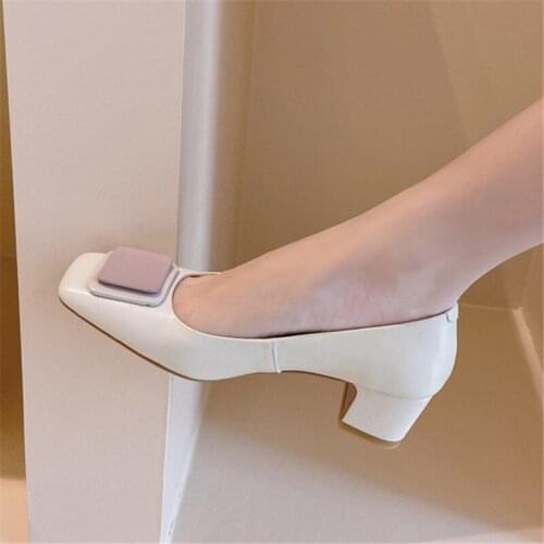 PXELENA Celebrity Square Toe Chunky Med Heel Shoes Lady Buckle Decor Slip On Women Pumps Full Genuine Leather Dress Office Daily