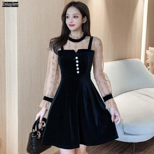 Women 2021 Spring Patchwork Sexy Sheer Mesh French Little Black Elegant Party Mini Dress