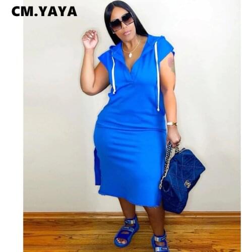 CM.YAYA Women Midi Dress Solid Short Sleeve Hooded Back Hole Stretchy Splited Dresses Casual Fashion Vetstidos Summer Outfits