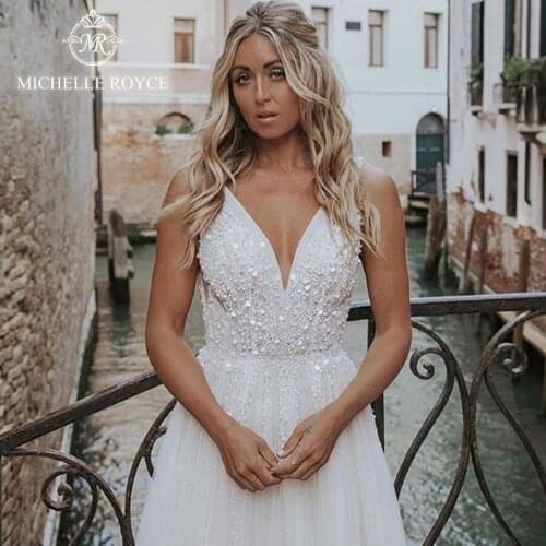 Michelle Royce A-Ling Wedding Dresses 2020 Sexy Deep V-neck Appliques Beading Backless Chapel Train Bridal Gown Vestido De Noiva
