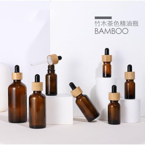 200 x natural bamboo cap Amber Glass Dropper Bottle Aromatherapy Liquid serum 1oz essential basic massage oil Pipette Refillable