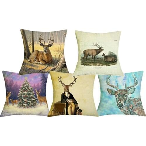 C06097 Santas Reindeers Oil Painting Print Pillowcase Christmas Home Decor Sofa Couch Chair Cushion Covers