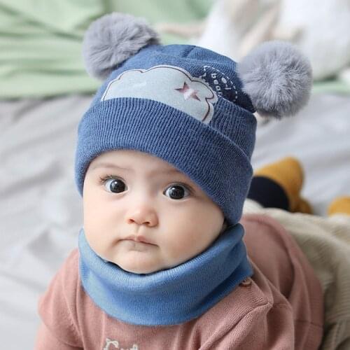 Baby Hat with Scarf Winter Thicken Warm Knitted Hat Bear Double Ball Hat Bib Woolen Knitted Hat For 1-2 Years Old Kids Xmas Gift