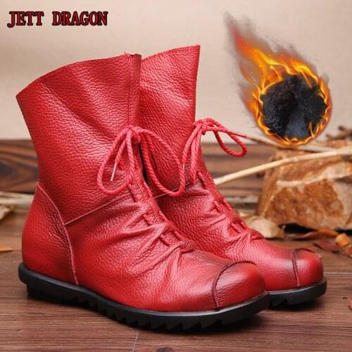 JETT DRAGON Women Boots Autumn Winter New Sexy Fashion Genuine Leather Zip Flower Ankle Boots Black Red Yellow Handmade Shoes 41