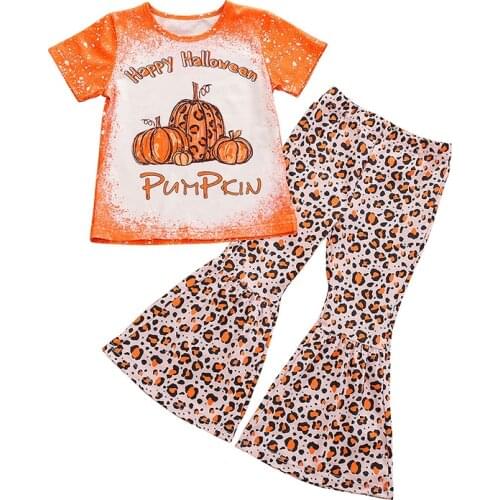 Halloween 1-5Years Kids Girl T-shirt Trousers Suit Fashion Pumpkin Short Sleeve Tops Leopard Trumpet Long Pants Clothes Set New