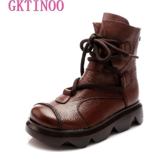 GKTINOO Women Boots 2020 New Genuine Leather Lace-up Women Shoes Handmade Retro Casual Concise Sewing Ankle Platform Boots