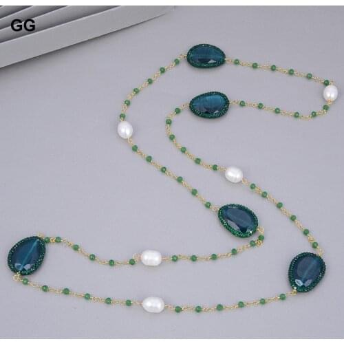 GuaiGuai Jewelry 45" Natural White Rice Pearl Green Cats-Eye Crystal CZ Paved Necklace Cute For Women Lady