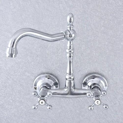 Chrome Double Handle Kitchen Faucet Wall Mounted 360 Degree Rotate Bathroom Kitchen Mixers Hot and Cold Tap zsf785