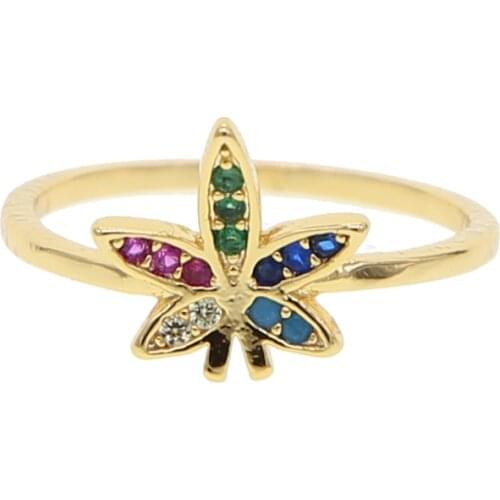Maple leaf ring gold color pave red green blue colorful cubic zirconia fashion jewelry high quality