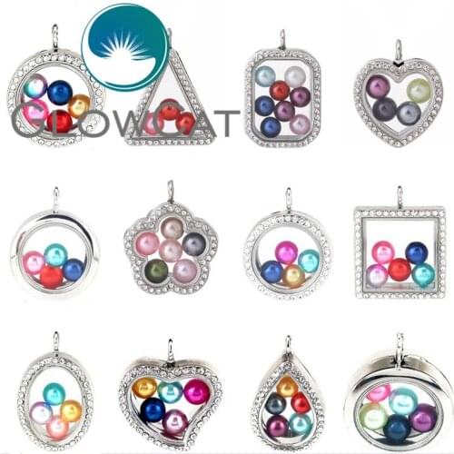 16 Styles Magnetic Living Memory 8mm Beads Locket Pearl Cage Floating Glass Locket With Rhinestone Pendant