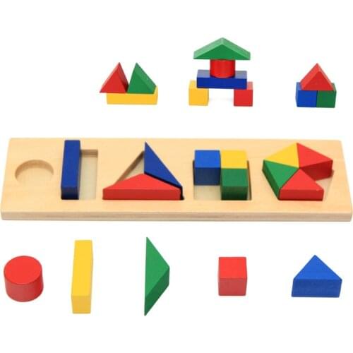 Montessori Kindergarten Early Education Wooden Geometry Puzzle Building Blocks Geometric Shapes Combination Teaching Toy
