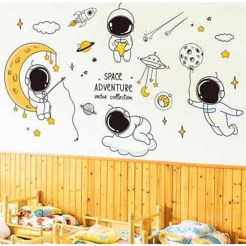 Cartoon Astronaut Wall Stickers DIY Outer Space Mural Decals For House Kids Rooms Baby Bedroom Wardrobe Decoration