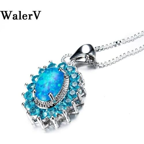 WalerV for Women Set Fashion Luxury Quality Oval Blue Imitation Fire Opal Pendant Free Necklace 16 Inches Jewelry Gift