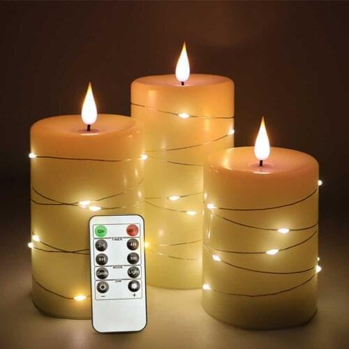 Pack of 3 Or 5 Remote Control Votive Pillar Candles With Copper String Lights,Flameless Electronic Moving Wick Dancing 3 Inch