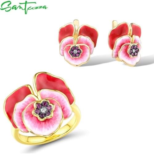 SANTUZZA Silver Jewelry Set For Women 925 Sterling Silver Red Blooming Flower Earrings Ring Set Fine Jewelry Handmade Enamel