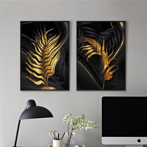Golden Plant Leaves Poster Diamond Painting Black Abstract Art Decoration Mosaic Cross Stitch Nordic Wall Living Room Decoration