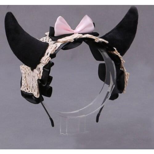 Lolita Kawaii Hair Accessories Teen Girls Anime Horns Lace Bow Headband Women Halloween Party Cute Plush Cow Ears Hair Bands