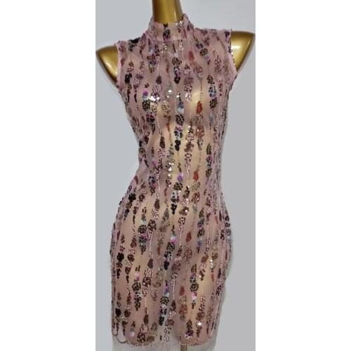 Bar Nightclub Sexy Transparent Costume Pink Mesh Glitter Sequin Sleeveless Wrap Hip Mini Dress Women DJ Singer Dancer Stage Wear