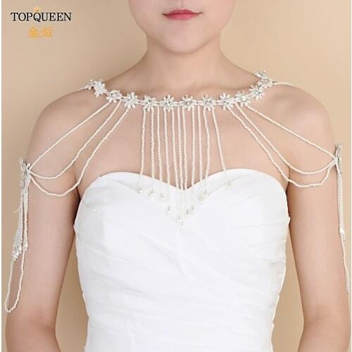 TOPQUEEN G03 Crystal Beaded Sparking Tassels Diamond Bridal Shawl Elegant Wedding Shawl Chiffon Floor Length Bolero Lace Wedding