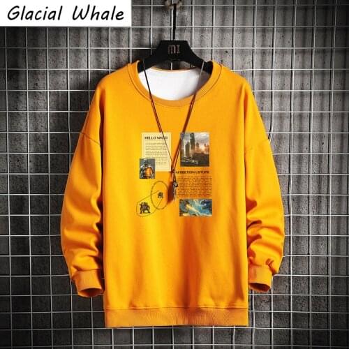 GlacialWhale Crewneck Sweatshirt Men Autumn Chinese elements Hip hop Streetwear Sweatshirt Harajuku Oversized Yellow Hoodie Men