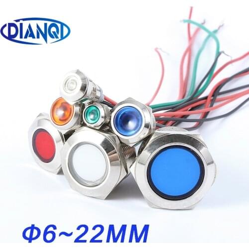 1Pc 6/8/10/12/16/19/22mm Waterproof Metal LED Warning Indicator Light Signal Lamp Pilot Wire 3V 12-24V 110-220V Concave