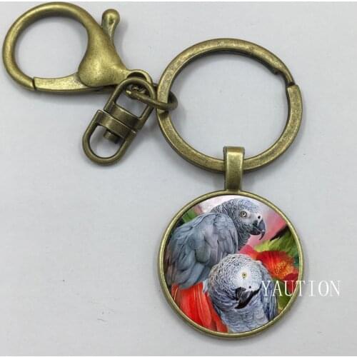 New Congo African Red Tail Grey Parrot Pendant Keychain Glass Cabochon Xmas Bird Gift Jewellery for Women