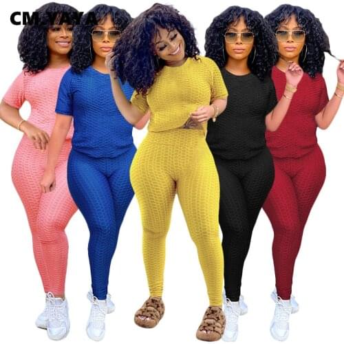 CM.YAYA Activewear Solid Plaid Womens Set Short Sleeve T-shirt and Legging Suit Sport Tracksuit Two Piece Set Fitness Outfit