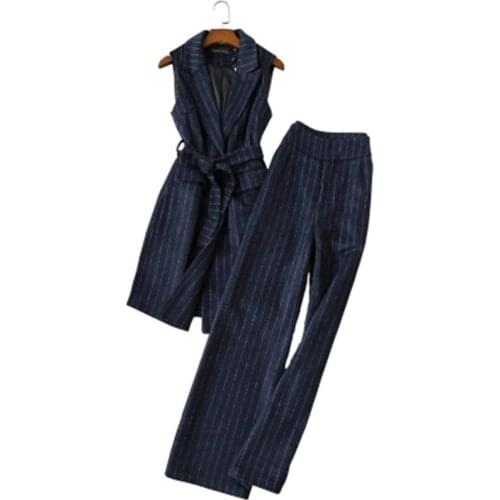 Fashion striped suit female autumn New striped long woolen coat suit fashion high waist wide leg casual trousers two-piece women