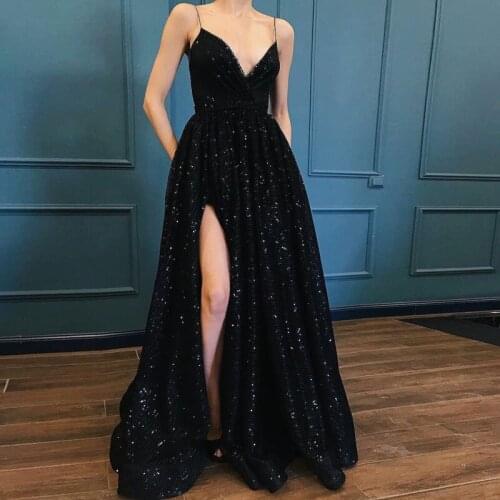 2021 Black sexy side slit V-neck Prom party evening dresses robes de cocktail playa formal pockets robe de soirée de mariage