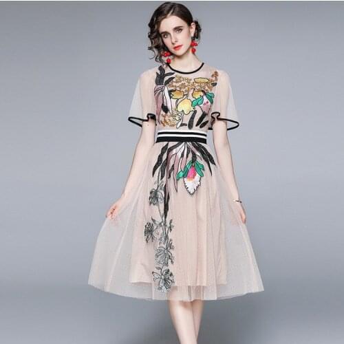 WTIANYUW New 2021 Fashion Runway Summer Vintage Party Dress Women Short Sleeve Elastic Waist Sequins Embroidered Mesh Midi Dress