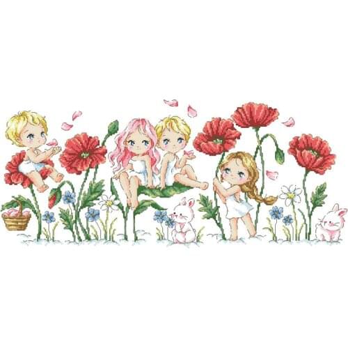 Gold Collection Counted Cross Stitch Kit Garden on the cloud bunny Four Girls Poppy Flowers SO-G159