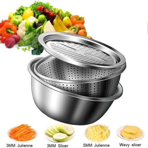 3Pcs/Set Multifunctional Kitchen Vegetable Cutter With 3 IN 1 Stainless Steel Drain Basin Graters For Vegetables Fruits Salad