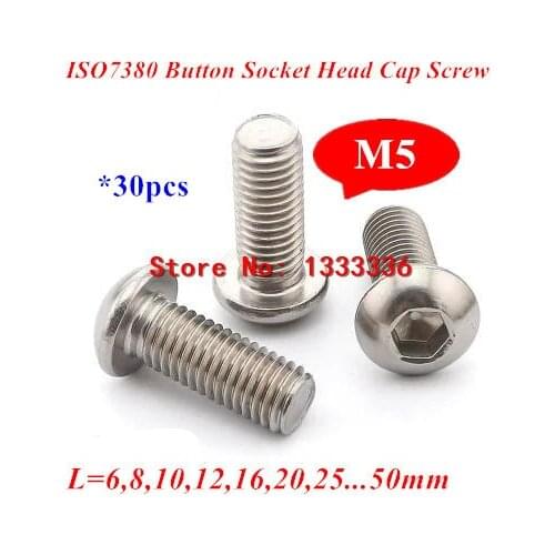 30pcs M5 Bolts A2-70 Hexagon Socket Button Head Screw Screws Bolts SUS304 Stainless Steel M5*6/8/10/12/14/16/18/20/25/30/50mm