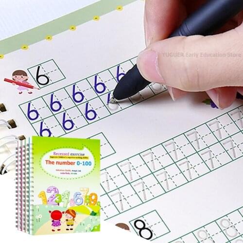 4 Pcs Reusable Children 3D Copybook For Calligraphy Numbers 0-100 Handwriting Books Learning Math English Book For Kids Toys