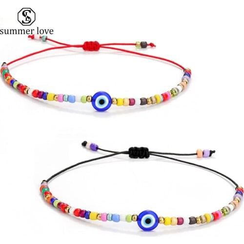 Bohemian Elephant Tortoise Evil Blue Eye Charm Bracelet with Colorful Seed Bead Rope Braided Nazar Eye Bracelets Jewelry 2pc/Set