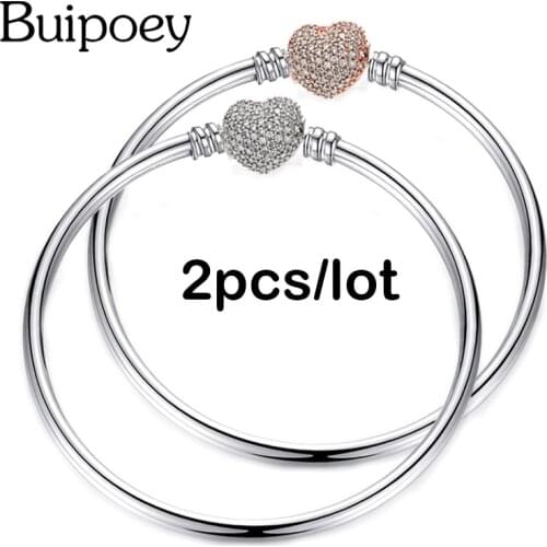 Buipoey 2pcs High Quality Round Bangle Bracelets Fit Brand Beaded Heart Bracelets DIY Women Men Kid Children Jewelry Accessories