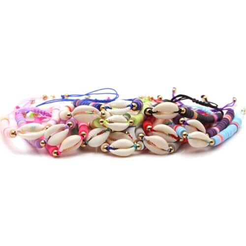 Boho Multicolored 6mm Polymer Clay Heishi Beads Cowrie Seashell Pull Cord Adjustable Bracelet Women Girl New Chic Surf Jewelry