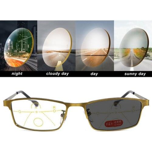 Photochromic Reading Glasses Men Progressive Multifocal CR-39 Near Far Anti-Blue Light Presbyopic Glasses Metal Frame