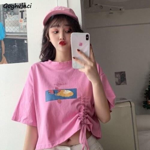 T-shirts Women Shirring O-Neck Basic Short Sleeve Print Simple Lady Tees Vintage Mujer Simple Harajuku Cute Fashion Summer Ins