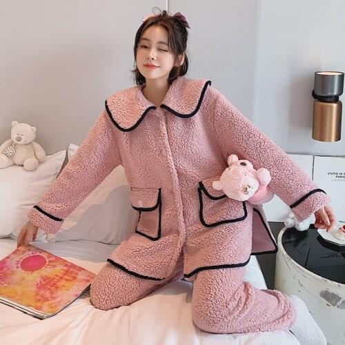 Autumn winter pajamas doll collar loose plus size bathrobe female flannel home service suit with pocket high quality sleepwear