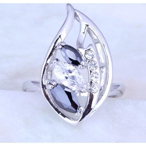 New Design Black imitation Onyx White Cubic Zirconia Leaf Silver Color Rings for Womens J0422 Size 6/7/8/9 Fast Shipping