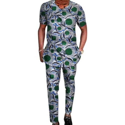 African fashion mens print set short sleeve tops patch trouser Ankara style pant sets male traditional African clothing