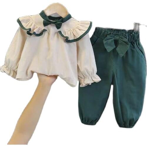 Korean Girls Clothing Sets Spring Autumn Cotton Lovely Suit Long Sleeve Blouse+pants Kids Ruffles Bowknot Clothes Suits For 1-7t