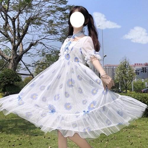 Sweet Womens Lolita OP Dress Net Yarn Dress Half Sleeve Daisy Printing Cute One Piece Summer Dress Fairy Kei