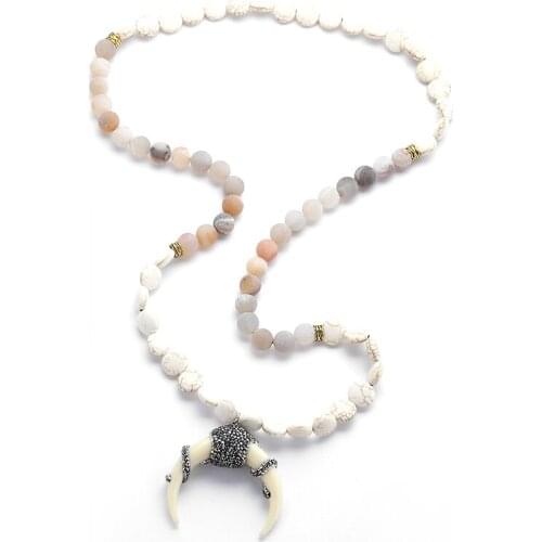 Fashion Bohemian Tribal Artisan Jewelry Flat White S Druzy Crystal Ox Horn Moon Necklace