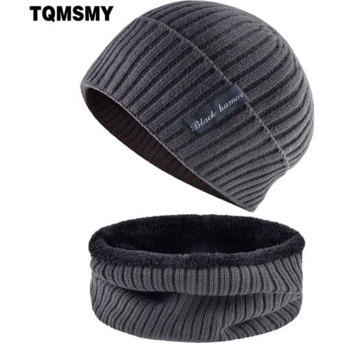 Mens Casual Hat Scarf Sets Solid color striped bone man Knitted wool Hip Hop cap Plus velvet hats for men winter Beanies gorros