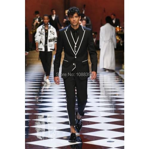 2019 Latest Coat Pant Designs Black White Trim Slim Fit 3 Piece Tuxedo Suits Blazer Custom Groom Wedding Suits Terno Masculino