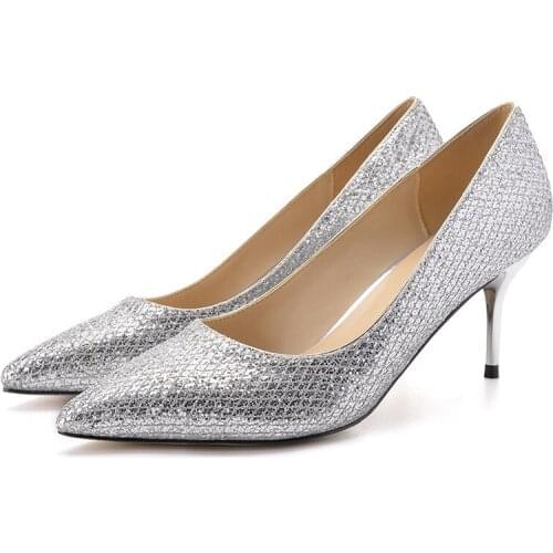 New Spring Autumn Casual Womens Thin high-heeled shoes Women Pumps Sequined Cloth Slip On 9CM Heels Pointed Toe Rhinestones