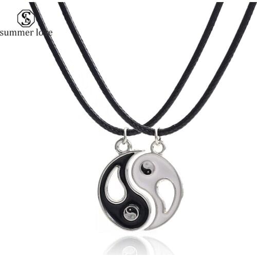 Black White Yin Yang Tai Ji Pendant Couple Necklace Wax String Chain Necklace Choker Women Men Collar Friends Gossip Jewelry