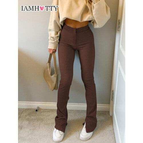 Casual Skinny Elastic High Waist Stretchy Sports Sweatpants Women Trousers Slit Fashion Flared Leggings Joggers 2021 Iamhotty